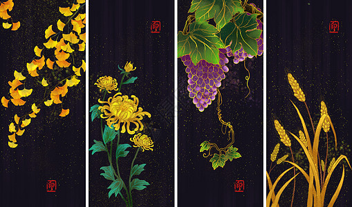 烫金中国风银杏菊花葡萄与小麦背景图片