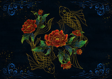 红色纹烫金中国风鲤鱼与牡丹插画
