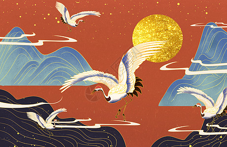 红色花朵中国风底纹海报背景中国风仙鹤背景图插画