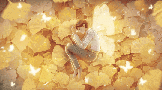 秋季秋天落叶上的孤独少年GIF图片