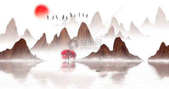 中国风山水水墨插画图片