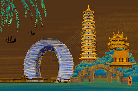 园林夜景烫金城市美丽中国湖州插画