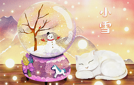 小雪节气猫与雪人背景图片