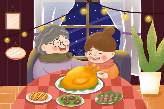 感恩节吃晚餐的祖孙图片