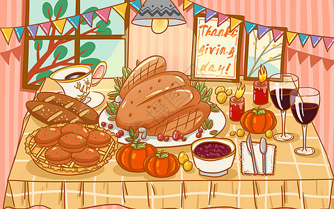 感恩节吃火鸡大餐矢量插画背景图片