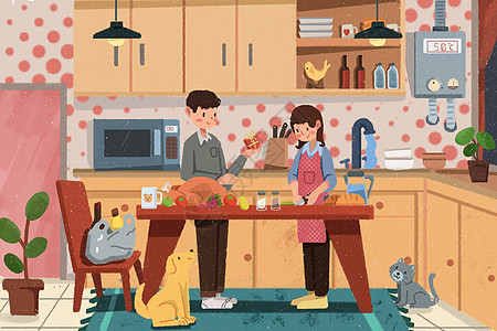 白刺果感恩节情侣在家做饭度过平安夜插画