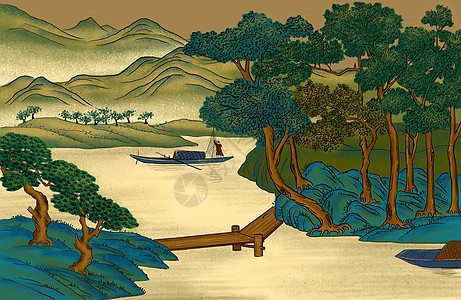 传统图案中国画工笔山水插画