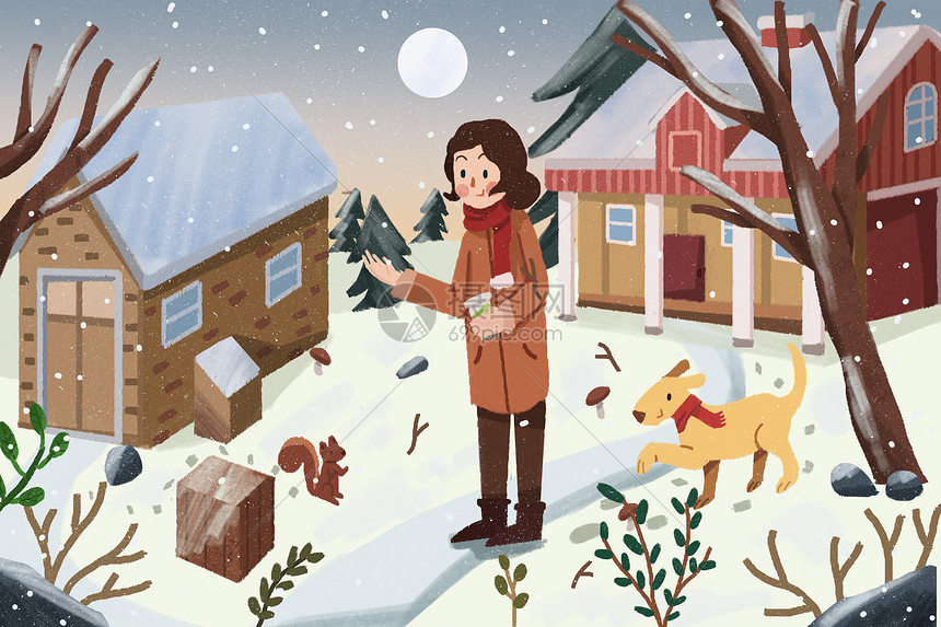 小雪节气雪天女孩带狗狗出门看雪图片