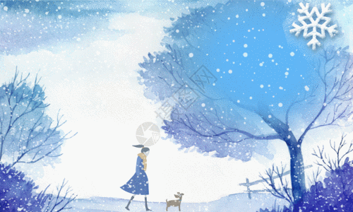蓝色清新冬天来了插画海报GIF图片