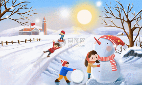 放学路上玩雪的孩子GIF图片
