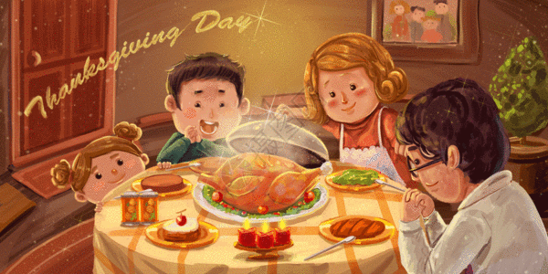 感恩节全家团聚吃火鸡暖色插画gif动图图片