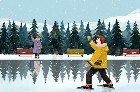 冬天下雪约会滑冰的情侣图片