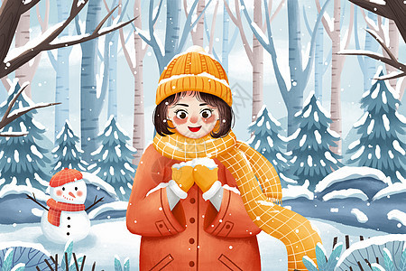 二十四节气大雪雪地女孩插画背景图片