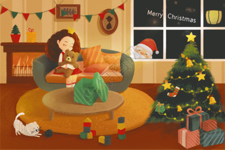 圣诞节夜景卡通圣诞主题插画GIF高清图片