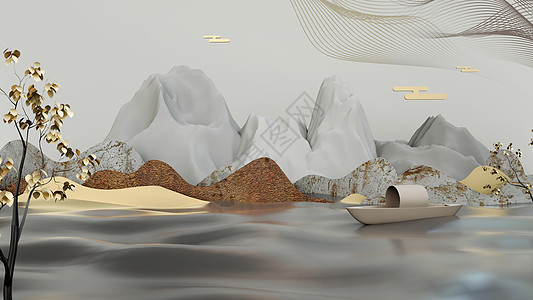 山水古韵3D立体山水画场景设计图片