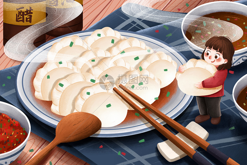 二十四节气冬至吃饺子插画