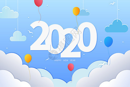 2020新年剪纸风格艺术字插画背景图片