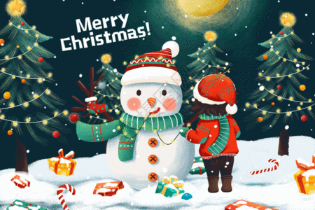 圣诞节平安夜女孩雪地堆雪人插画GIF图片