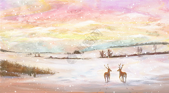 冬至风景唯美雪原麋鹿插画