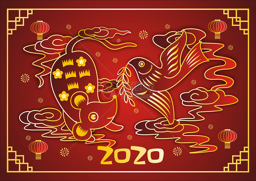 2020鼠年烫金剪纸风图片