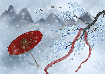 中国风雪景远山雪伞高清图片