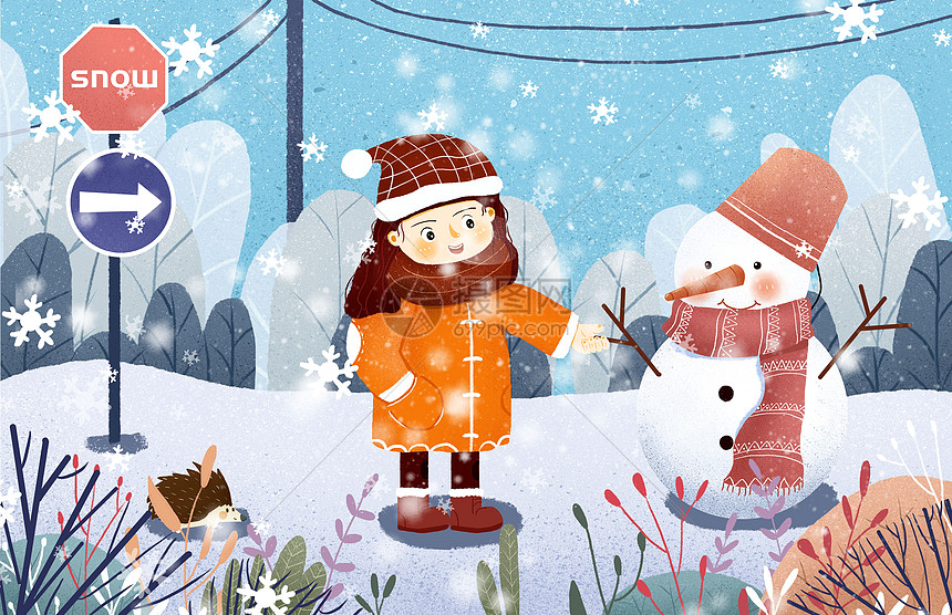 小清新之冬天下雪小女孩推雪人插画
