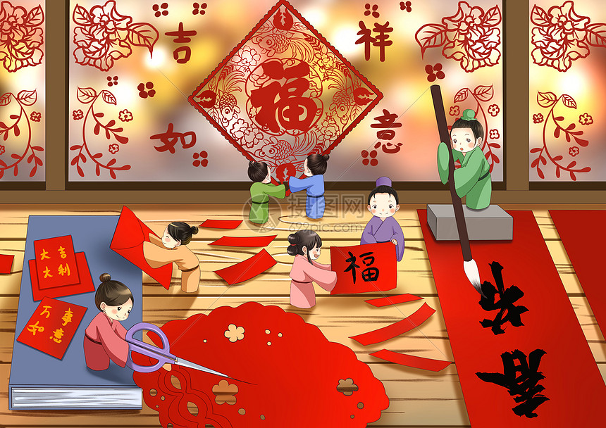 春节写春联贺岁插画图片下载-正版图片401664664-摄图网