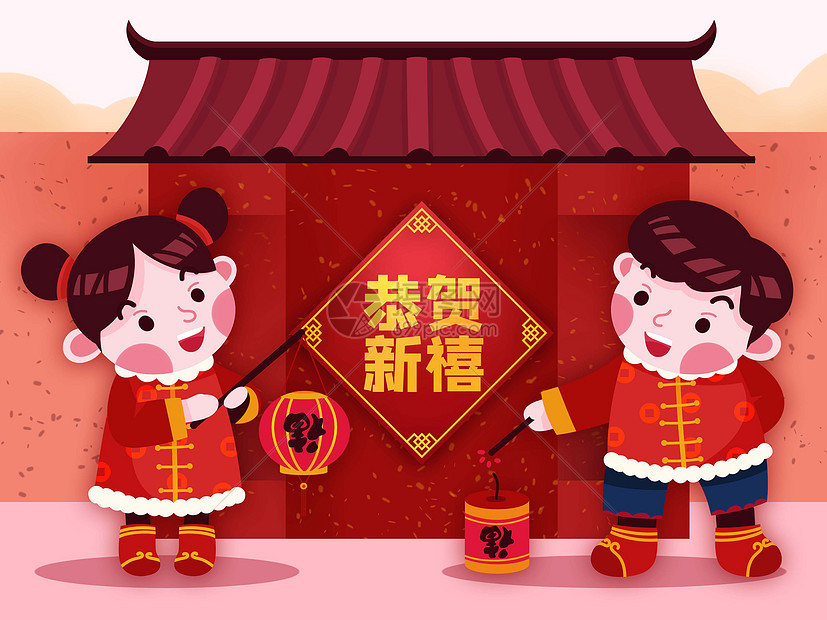 中国娃娃年俗插画图片