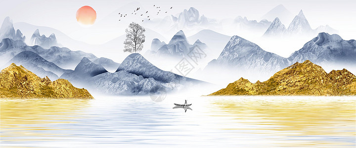 新中式抽象金色山水画图片