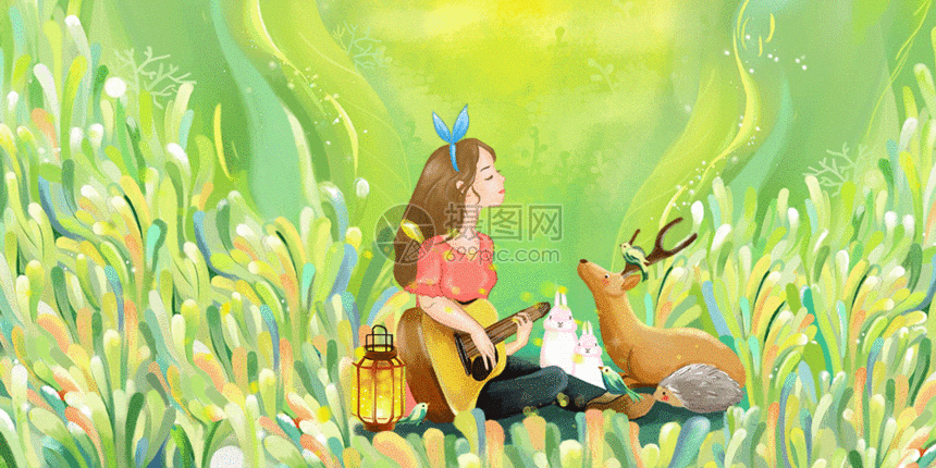 立春女孩弹吉他gif春季春天插画