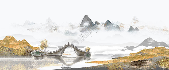 水墨桥复古中式背景设计图片