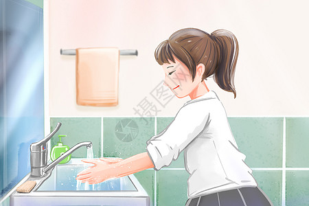 水槽女孩在认真洗手预防病毒细菌插画