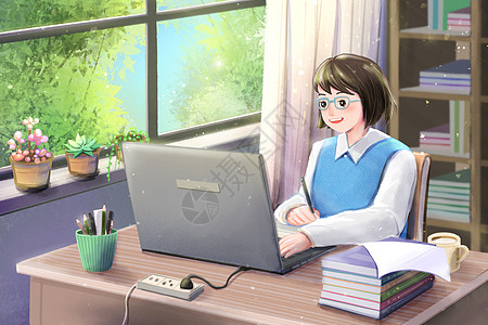网课学生在家用电脑在线远程上课学习插画