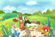 春天户外野餐的一家人图片