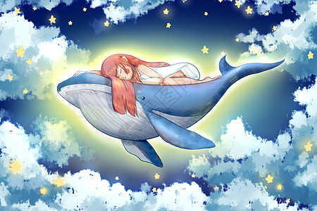 睡浴缸星空中的鲸鱼女孩插画