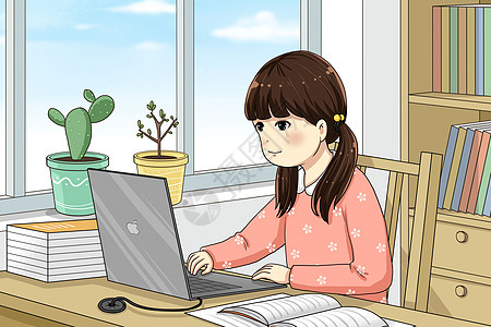 女孩在家网上学习办公高清图片