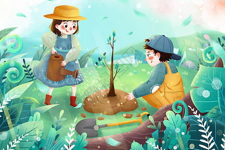 清新植树节孩子们种树春季环保插画唯美高清图片素材