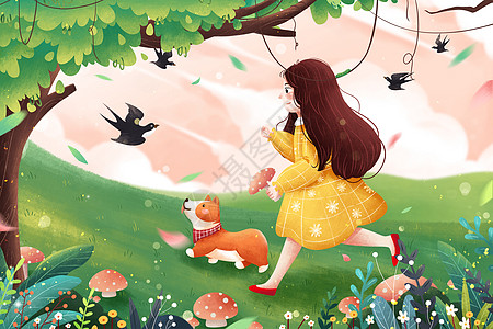 清新春季草坪上奔跑女孩与狗插画高清图片