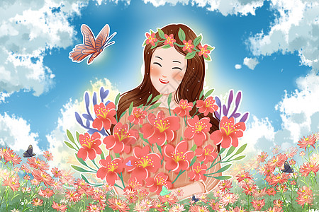 女神节促销女神节抱着鲜花的女神插画