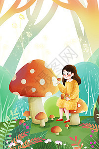 春天在森林摘蘑菇的女孩图片