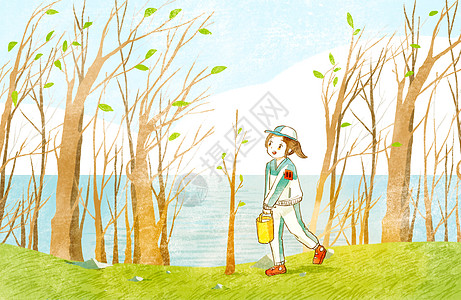 植树节给树浇水的女孩插画