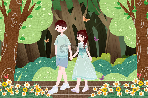 树林中散步的情侣图片