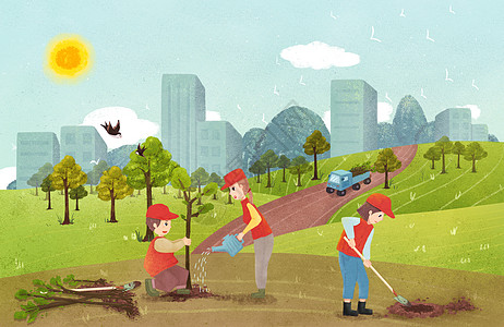 地球一小时植树节志愿者种树插画