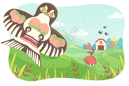 春意盎然在田间放风筝唯美插画背景图片
