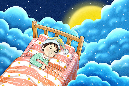 小孩在床上在云中睡觉的小孩插画