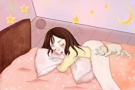 长发女生趴在床上睡觉的女孩插画