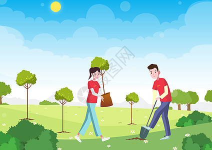 春季植树节志愿者在郊外种树插画