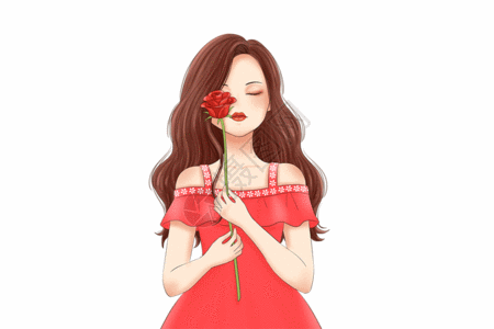 手放在肩膀上拿玫瑰的红衣女孩GIF高清图片