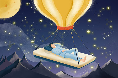 夜空下在热气球床上睡觉创意插画图片