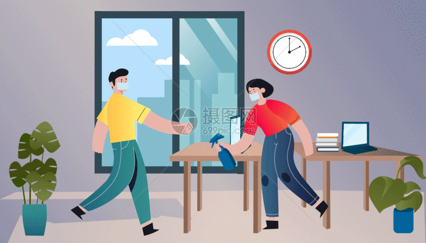 疫情期间办公室开窗通风消毒清理卫生gif